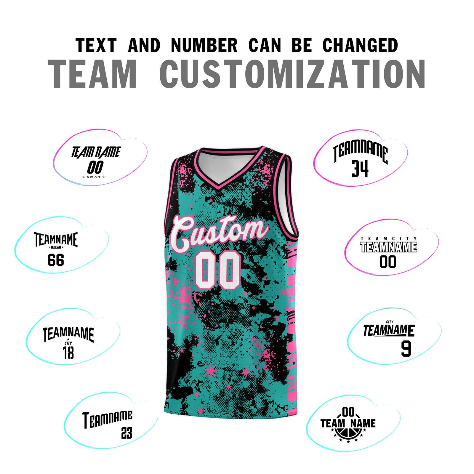 Custom Aqua Black Vice Burst Galactic Graffiti Drapable Basketball Jersey