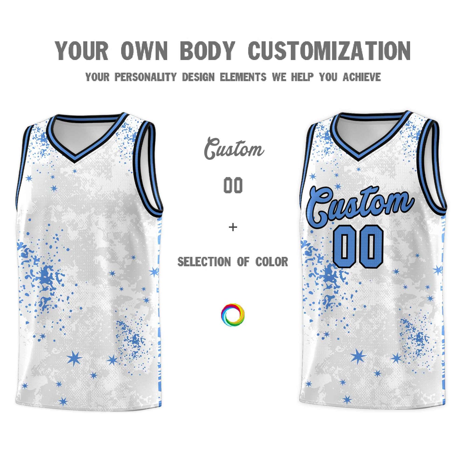 Custom White Powder Blue Vice Burst Galactic Graffiti Quick-Drying Basketball Jersey
