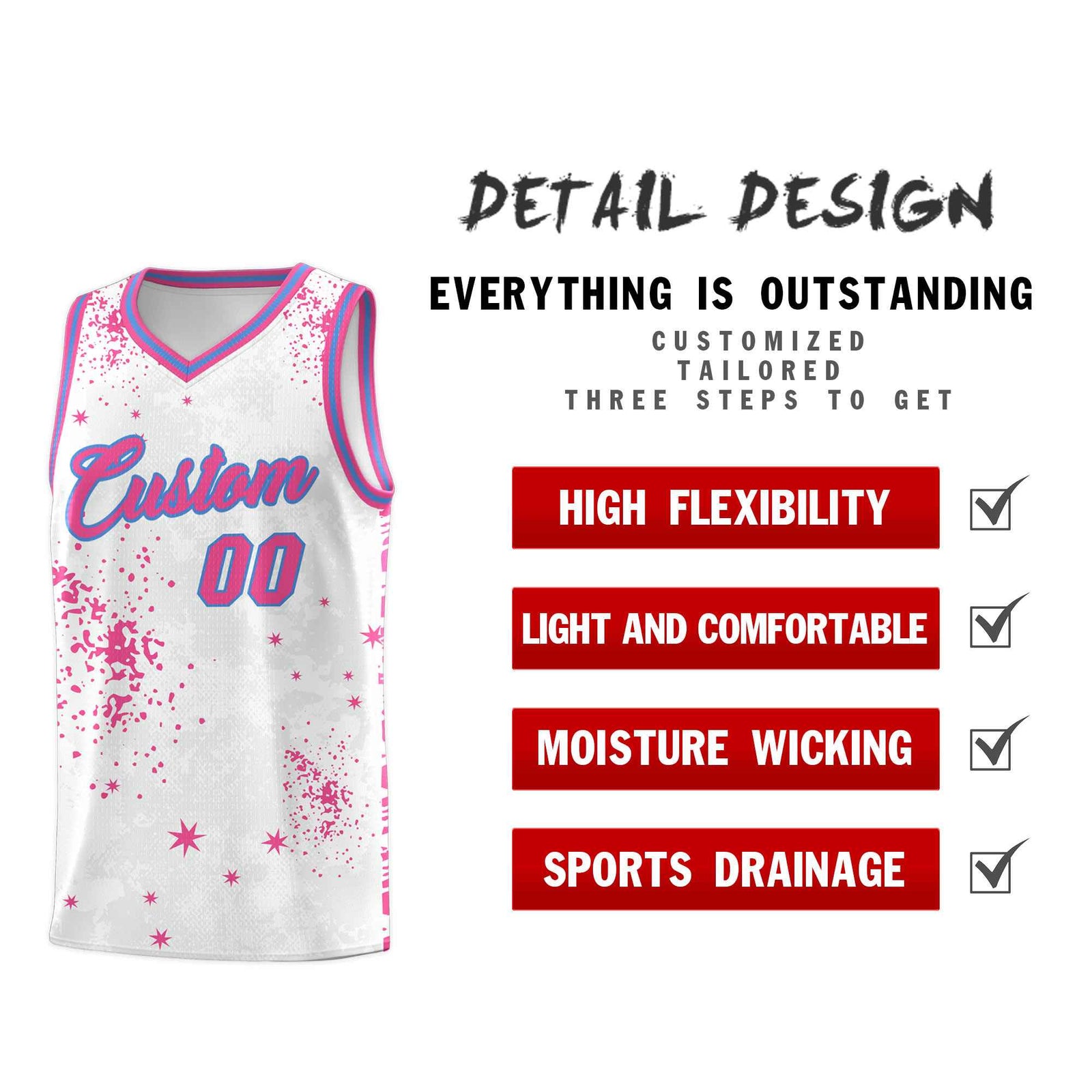 Custom Pink Powder Blue Vice Burst Galactic Graffiti Sublimation Printing Basketball Jersey
