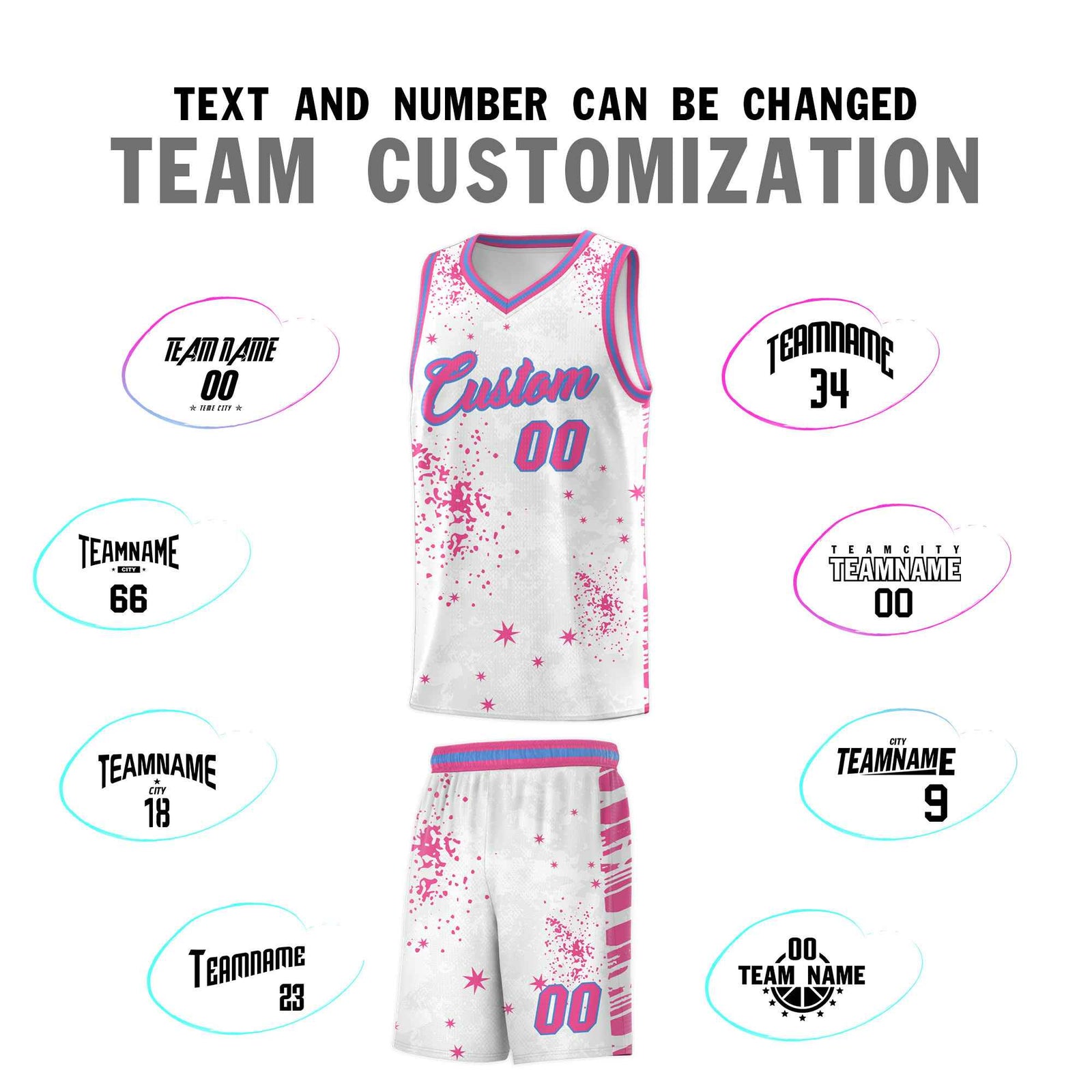 Custom Pink Powder Blue Vice Burst Galactic Graffiti Sublimation Printing Basketball Jersey