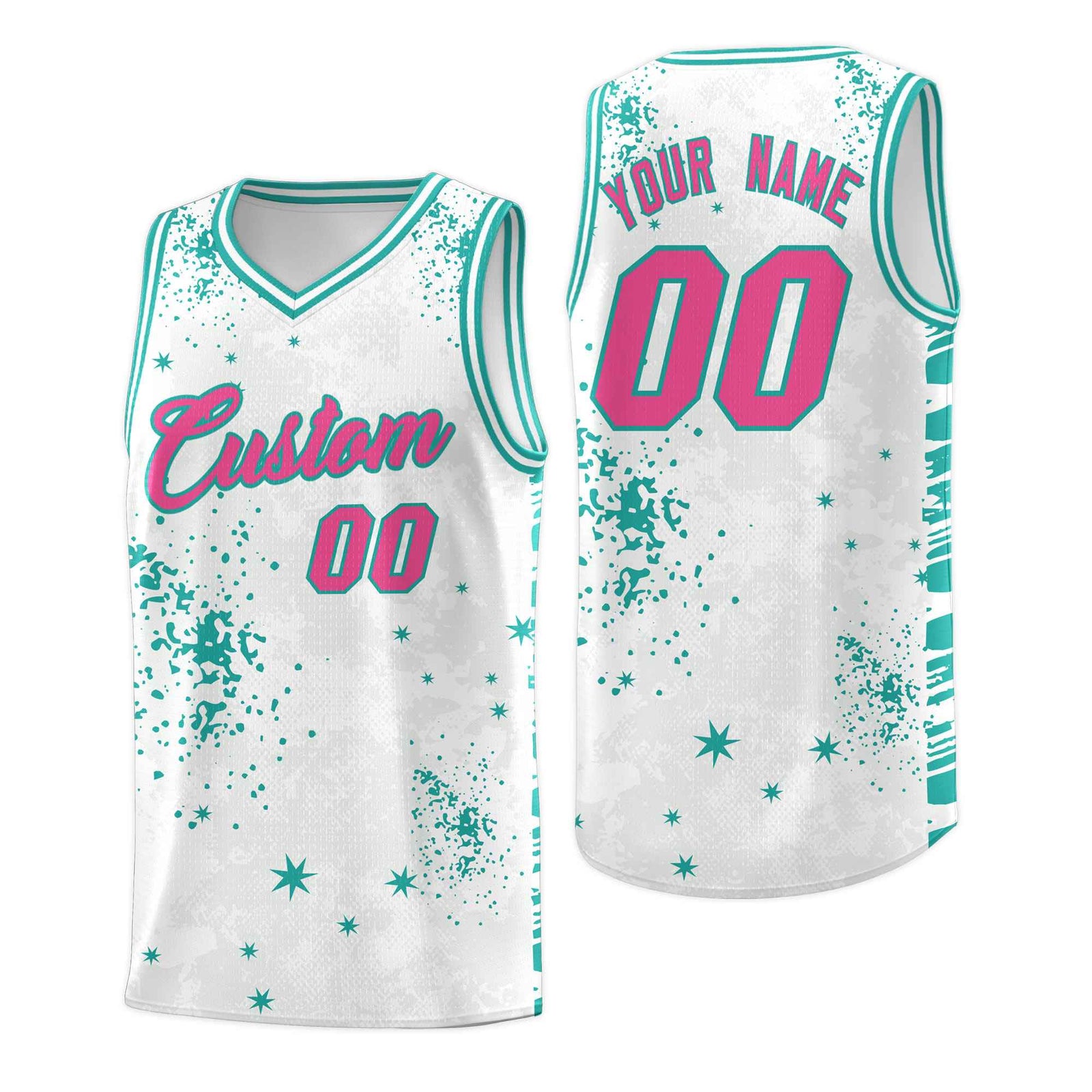 Custom White Aqua Vice Burst Galactic Graffiti Breathable Basketball Jersey