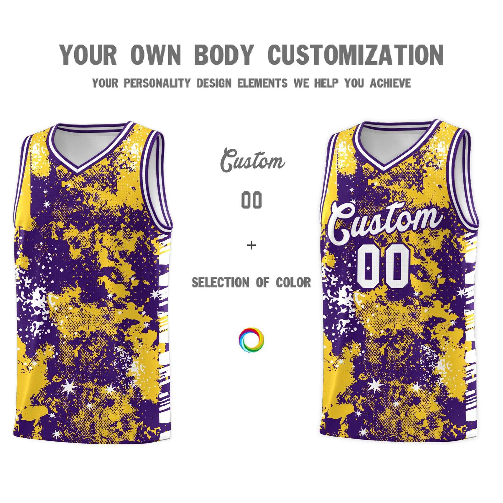 Custom Gold Purple Vice Burst Galactic Graffiti Sublimation Printing Basketball Jersey