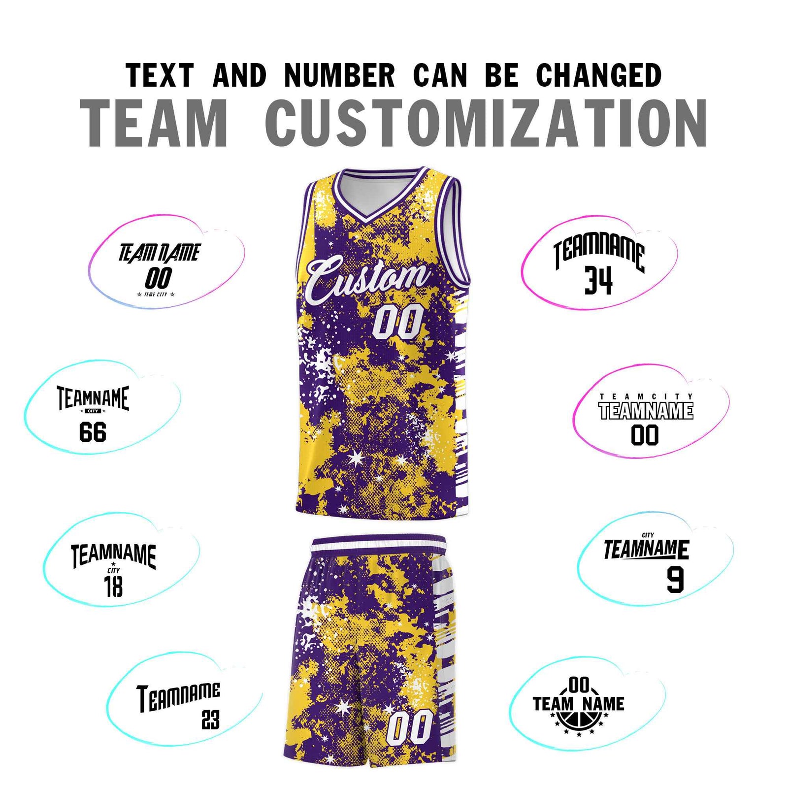 Custom Gold Purple Vice Burst Galactic Graffiti Sublimation Printing Basketball Jersey