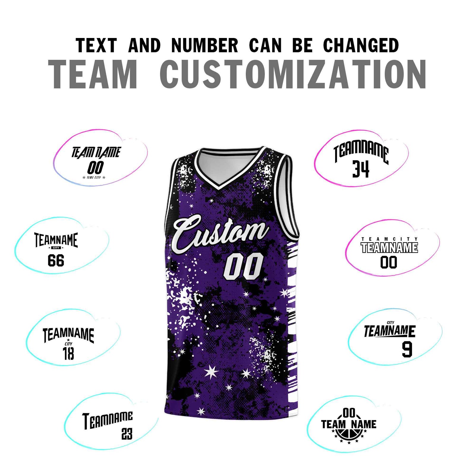 Custom Purple Black Vice Burst Galactic Graffiti Stretch Fabric Basketball Jersey