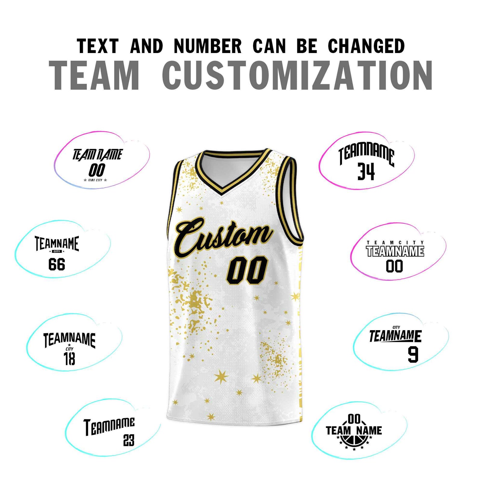Custom White Old Gold Vice Burst Galactic Graffiti Quick-Drying Basketball Jersey