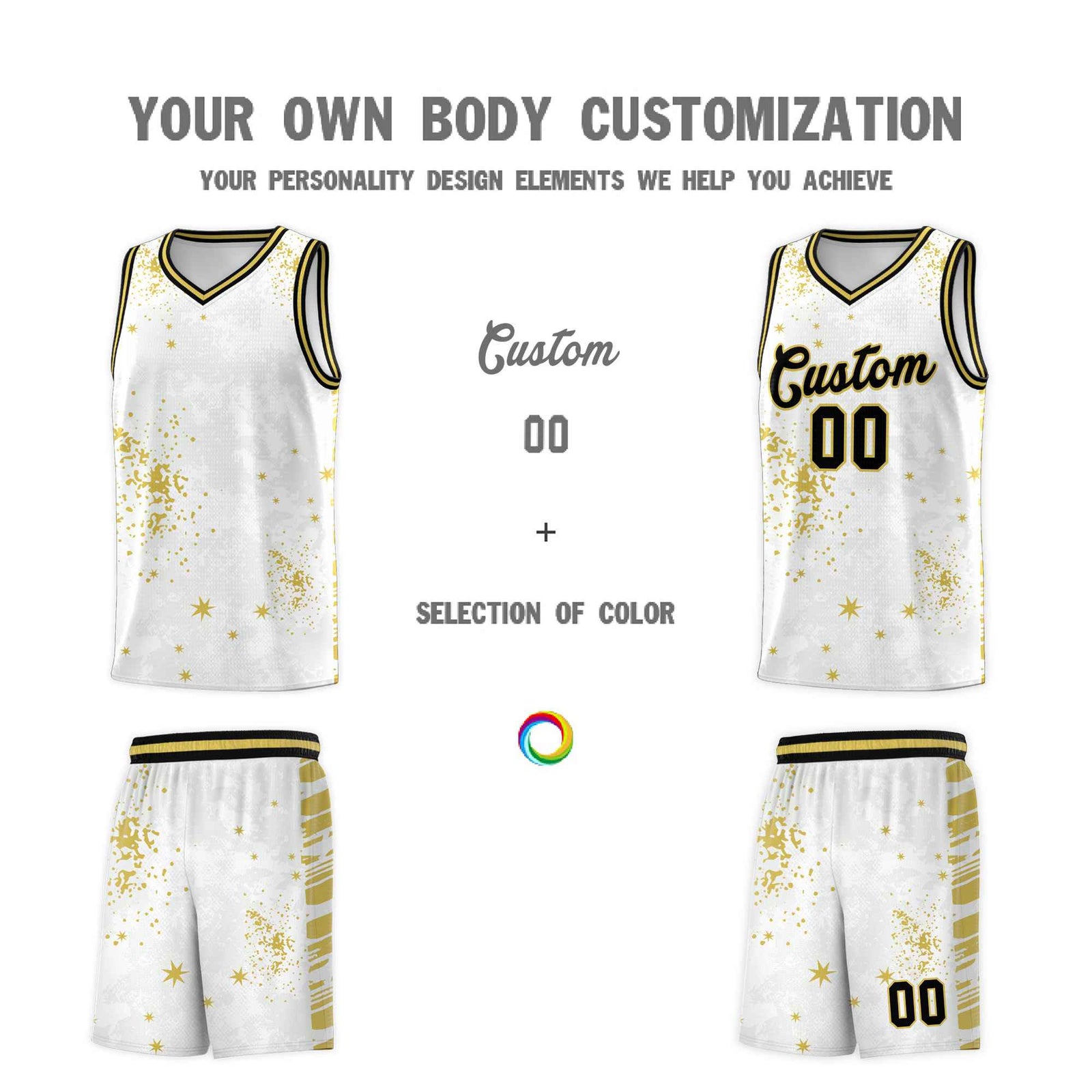 Custom White Old Gold Vice Burst Galactic Graffiti Quick-Drying Basketball Jersey