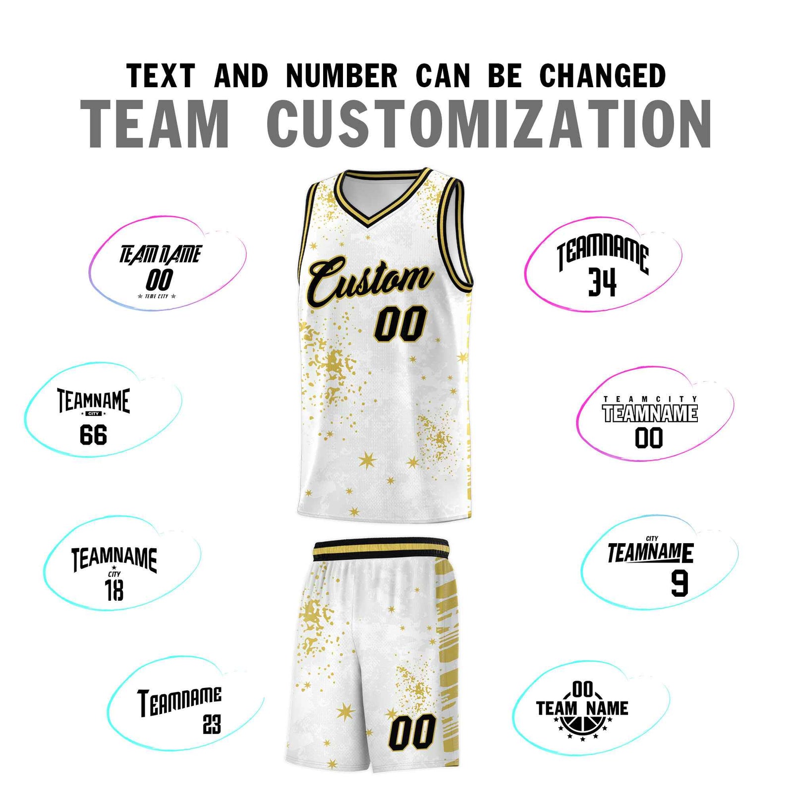 Custom White Old Gold Vice Burst Galactic Graffiti Quick-Drying Basketball Jersey
