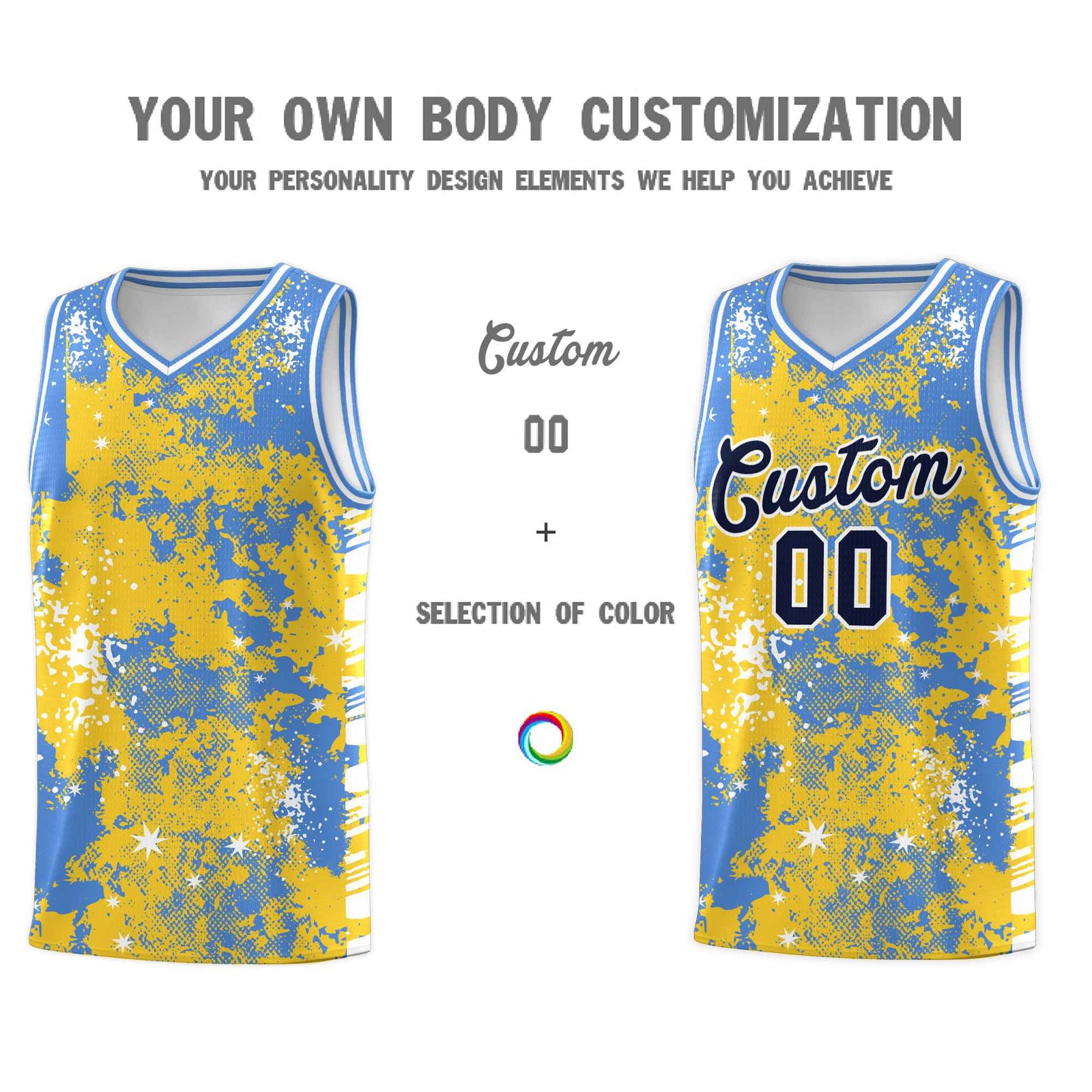 Custom Gold Powder Blue Vice Burst Galactic Graffiti Stretch Fabric Basketball Jersey