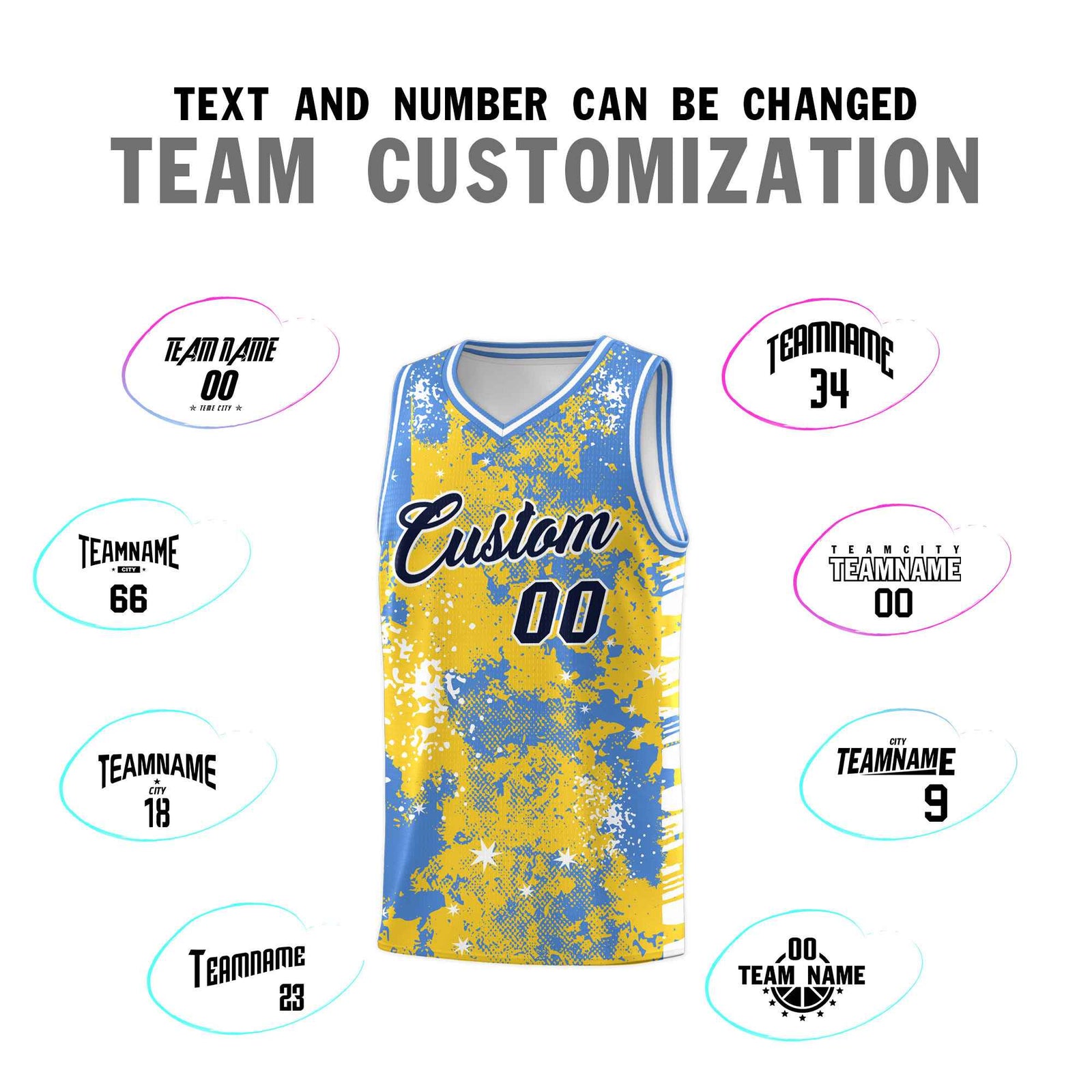 Custom Gold Powder Blue Vice Burst Galactic Graffiti Stretch Fabric Basketball Jersey