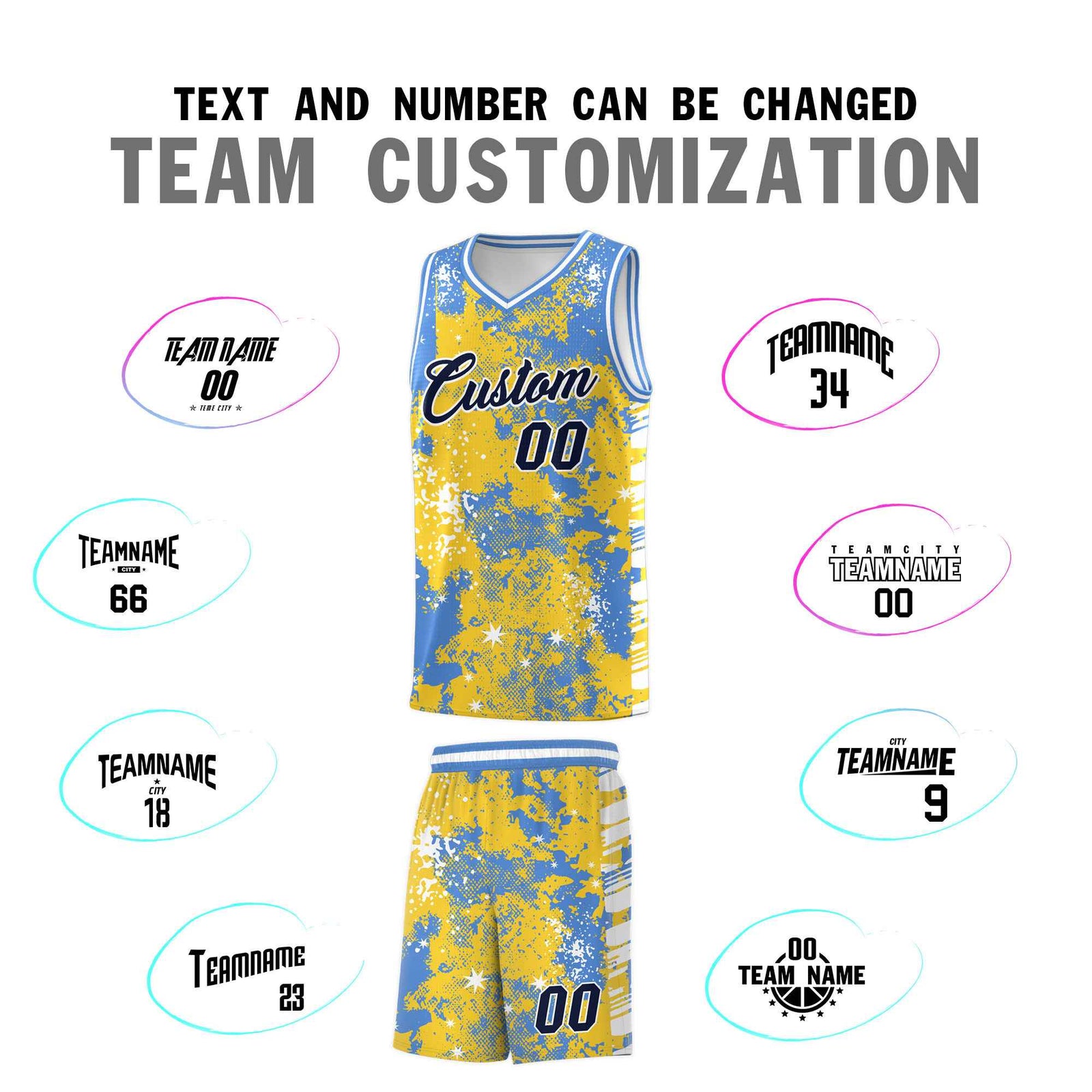 Custom Gold Powder Blue Vice Burst Galactic Graffiti Stretch Fabric Basketball Jersey