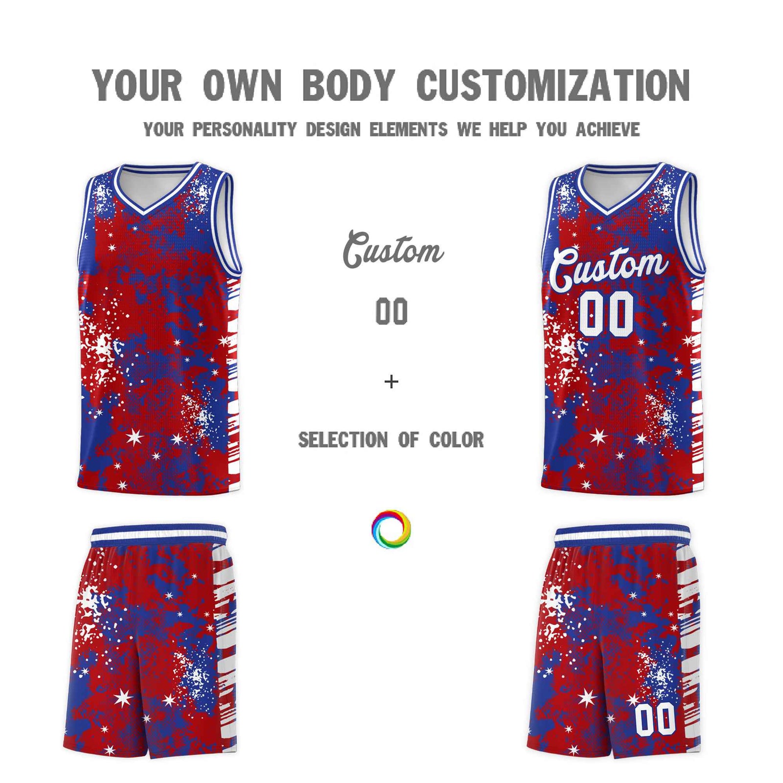 Custom Red Royal Blue Vice Burst Galactic Graffiti Wrinkle-Resistant Basketball Jersey