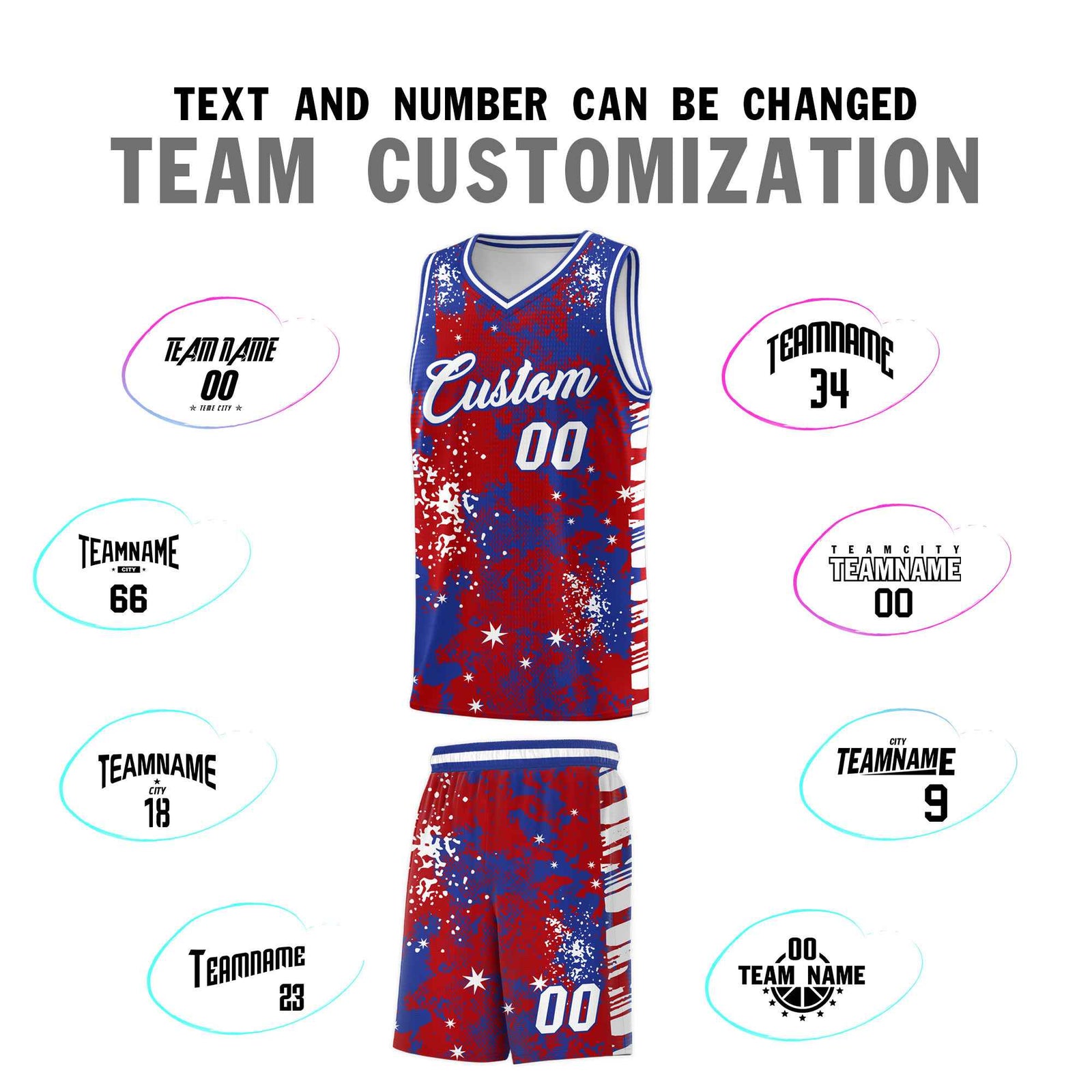 Custom Red Royal Blue Vice Burst Galactic Graffiti Wrinkle-Resistant Basketball Jersey
