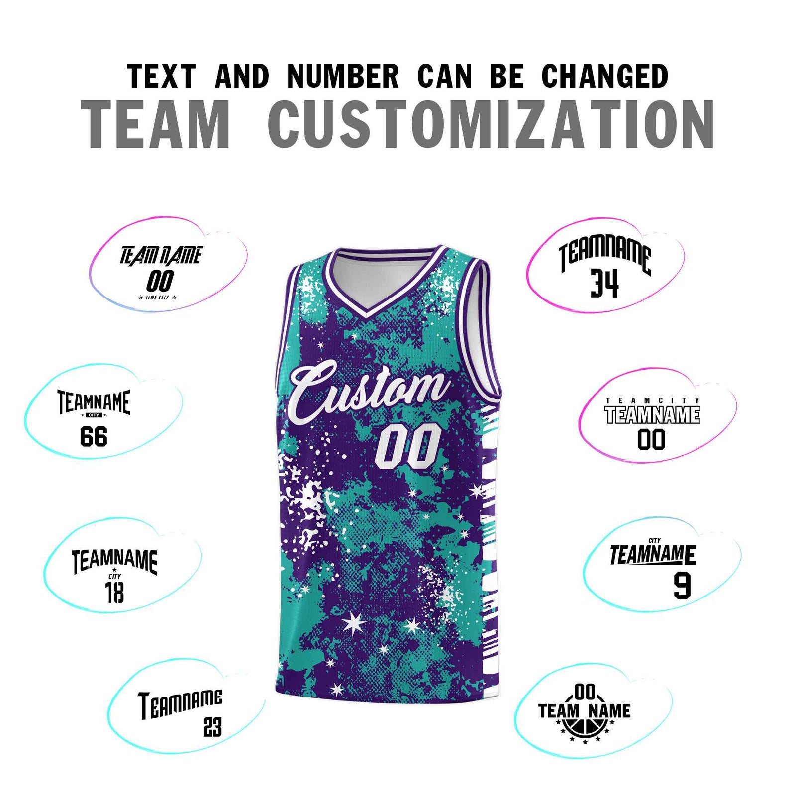 Custom Aqua Purple Vice Burst Galactic Graffiti Breathable Basketball Jersey