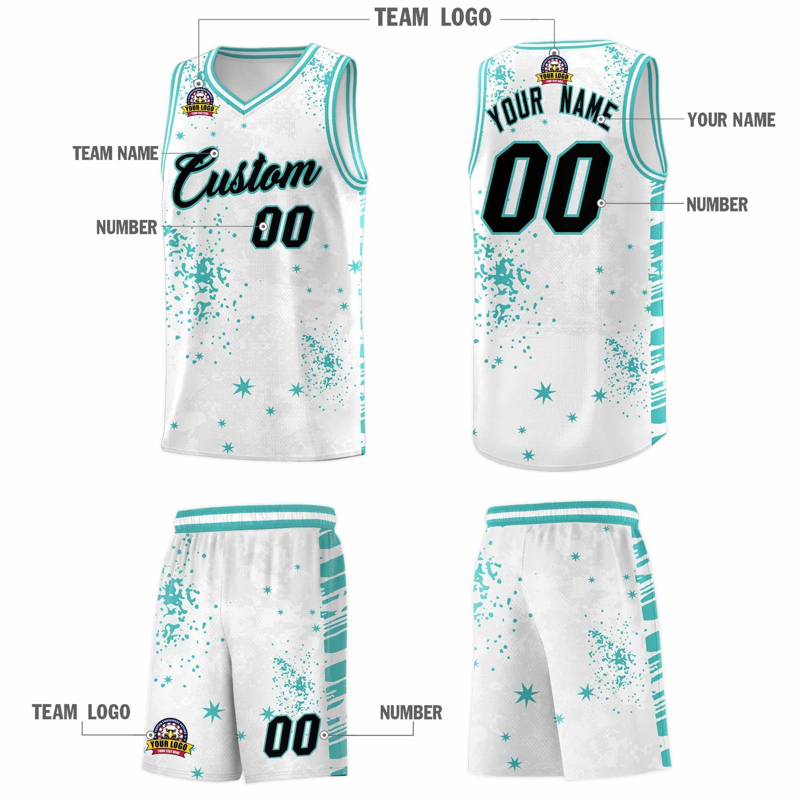 Custom White Light Teal Vice Burst Galactic Graffiti Sublimation Printing Basketball Jersey