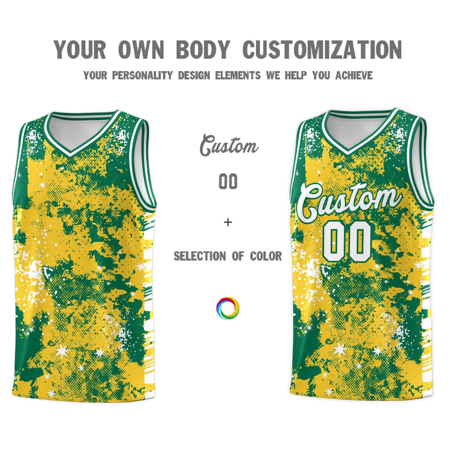 Custom Gold Kelly Green Vice Burst Galactic Graffiti Wrinkle-Resistant Basketball Jersey