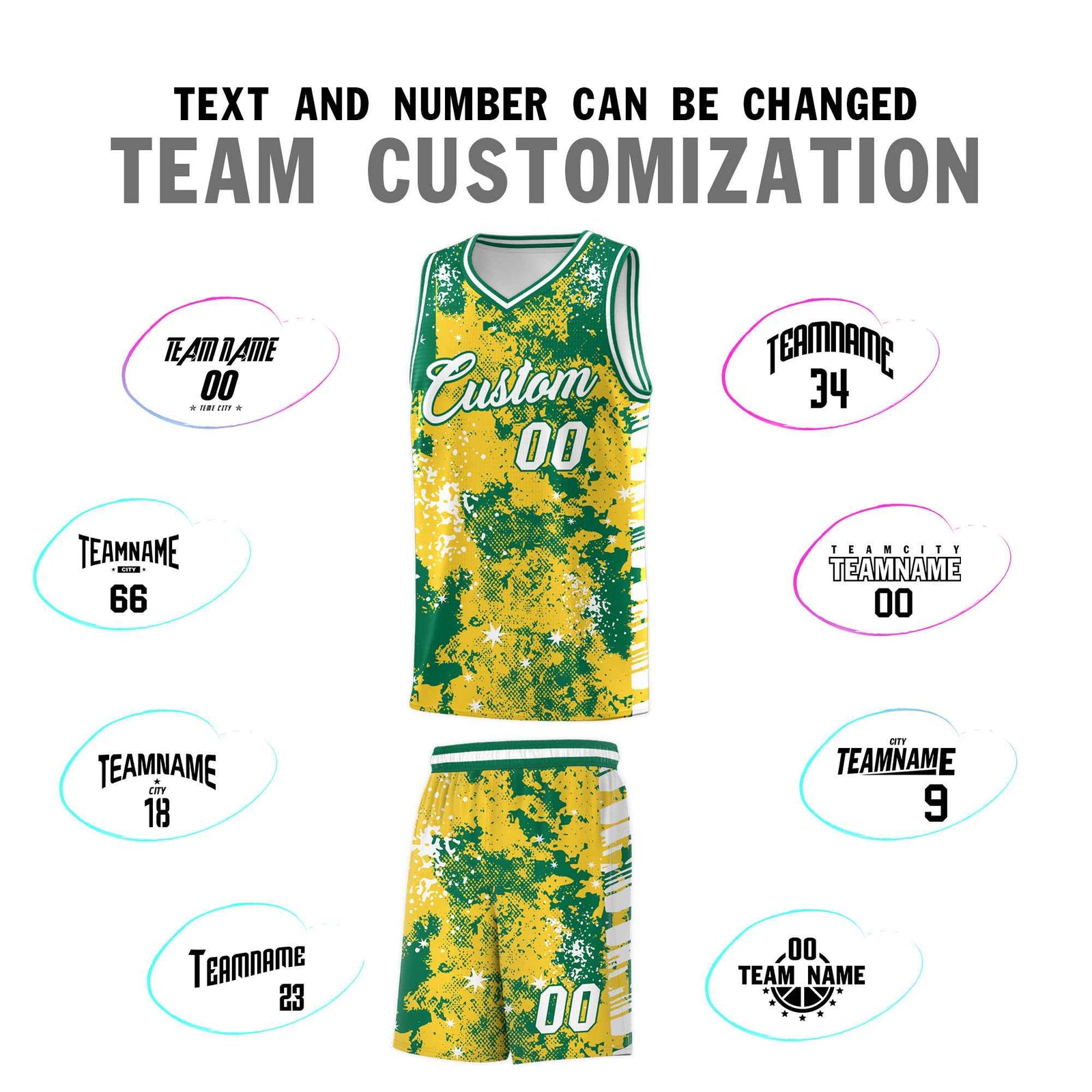 Custom Gold Kelly Green Vice Burst Galactic Graffiti Wrinkle-Resistant Basketball Jersey