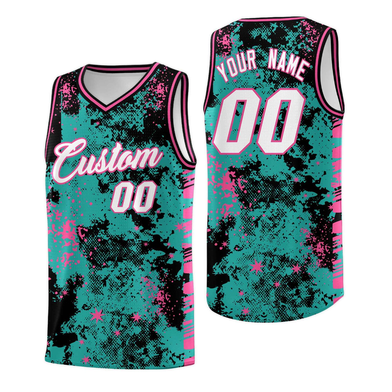 Custom Aqua Black Vice Burst Galactic Graffiti Drapable Basketball Jersey