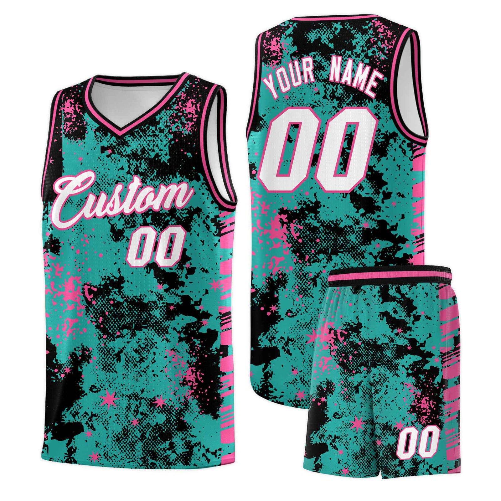 Custom Aqua Black Vice Burst Galactic Graffiti Drapable Basketball Jersey