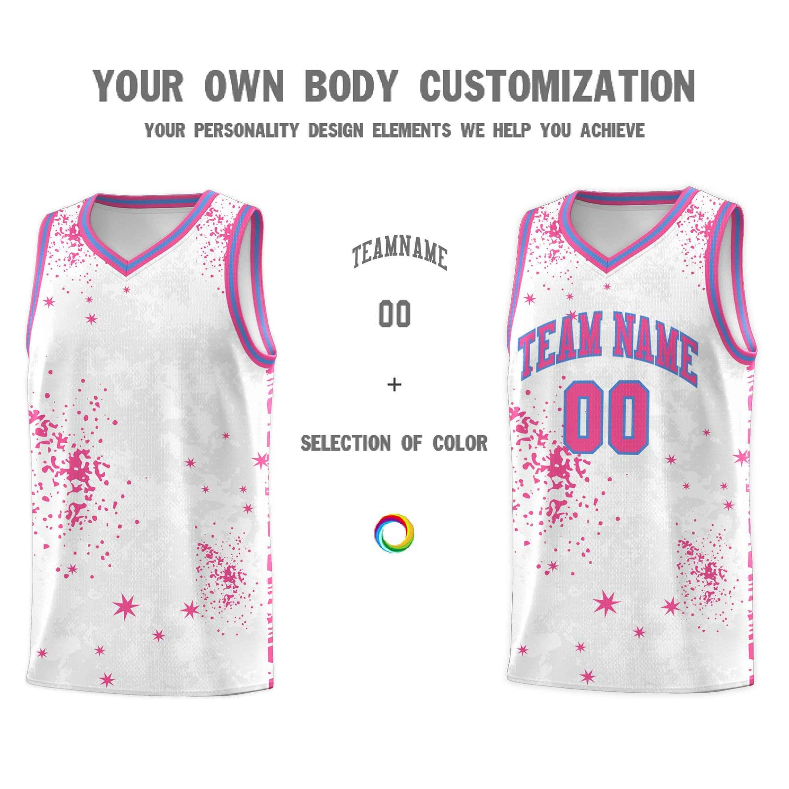 Custom Pink Powder Blue Vice Burst Galactic Graffiti Sublimation Printing Basketball Jersey