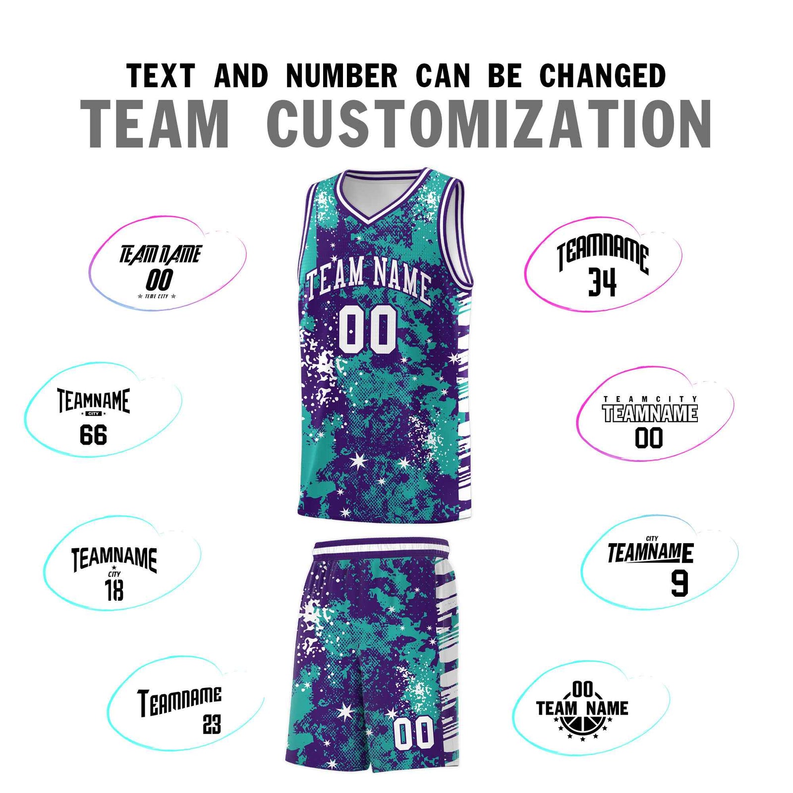 Custom Aqua Purple Vice Burst Galactic Graffiti Breathable Basketball Jersey