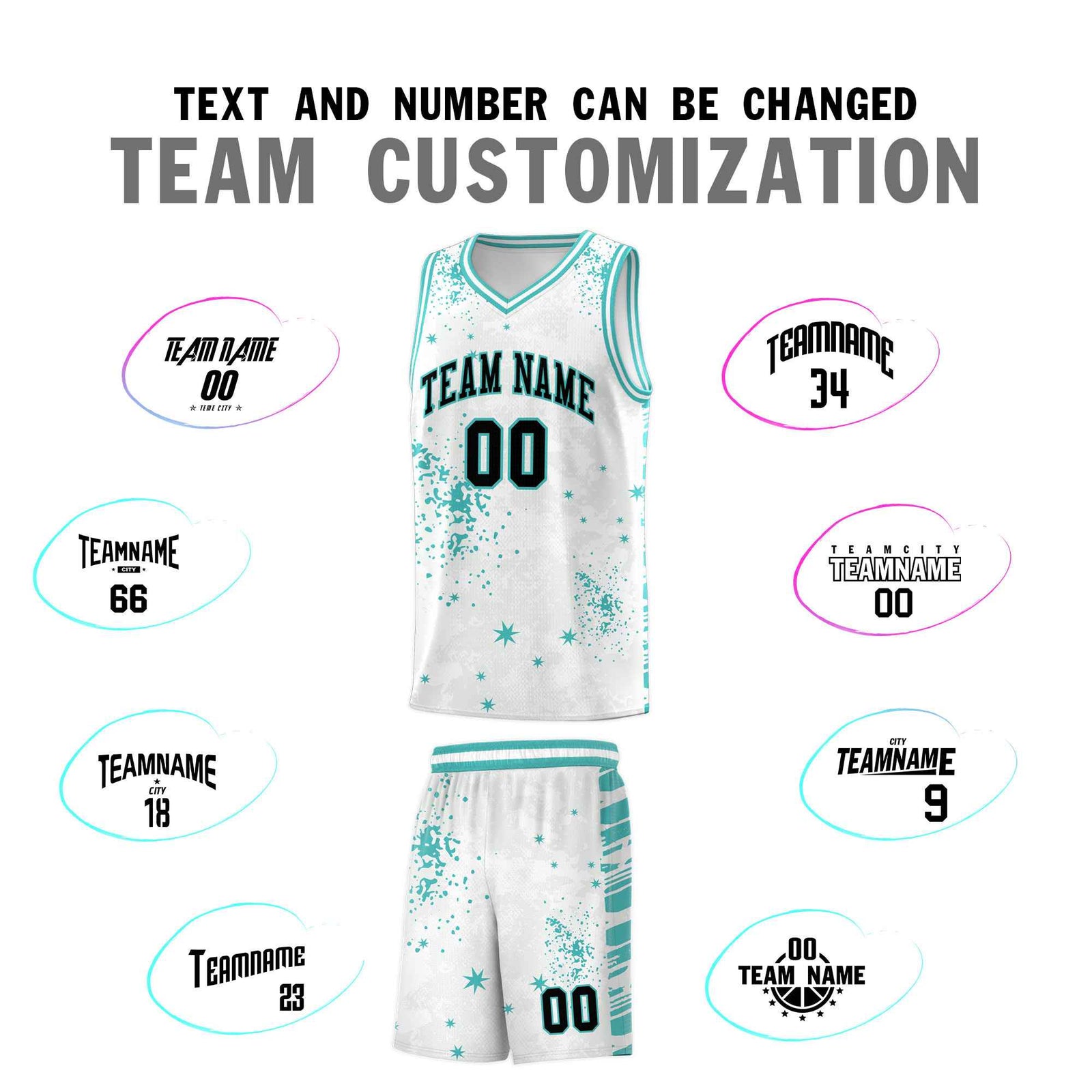 Custom White Light Teal Vice Burst Galactic Graffiti Sublimation Printing Basketball Jersey
