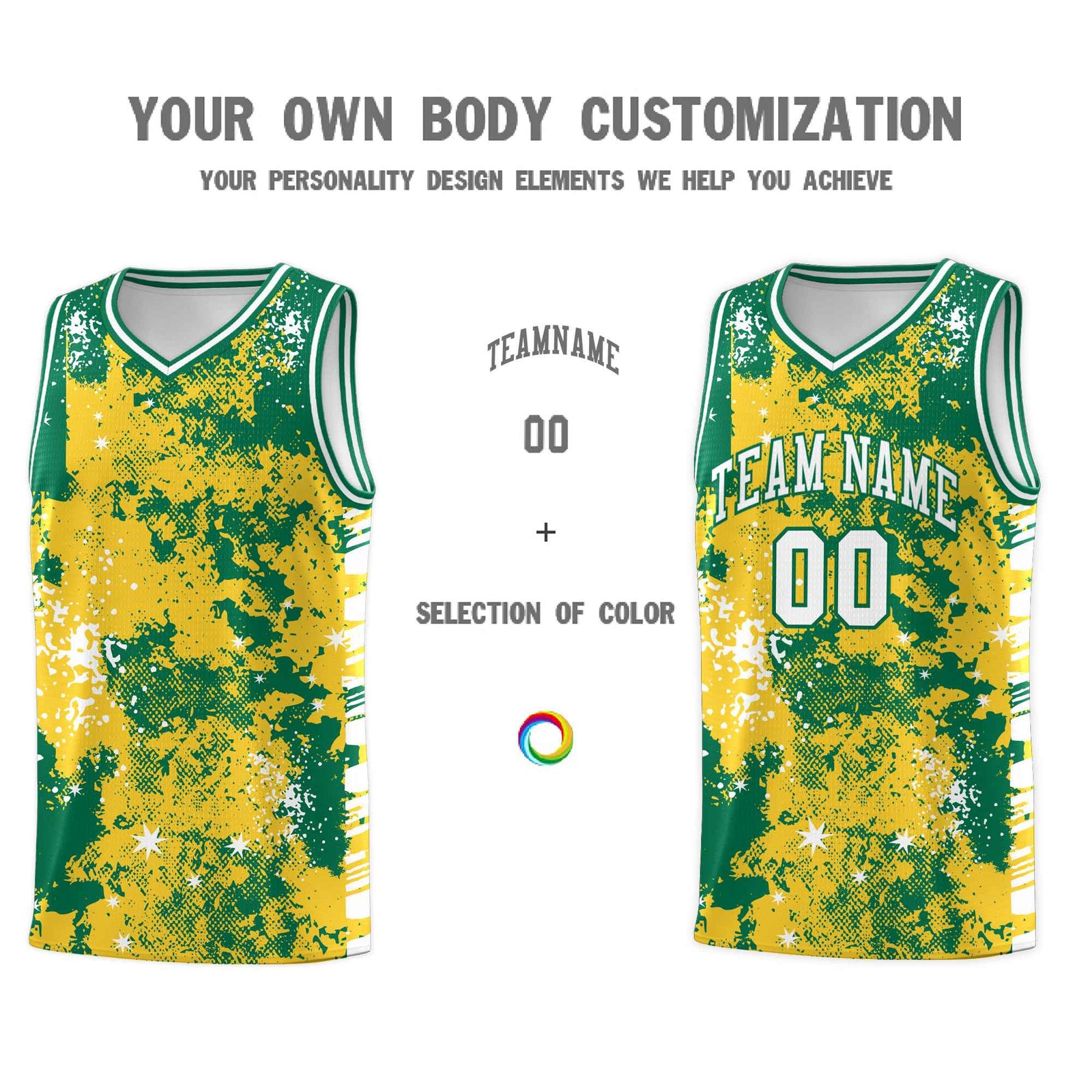 Custom Gold Kelly Green Vice Burst Galactic Graffiti Wrinkle-Resistant Basketball Jersey