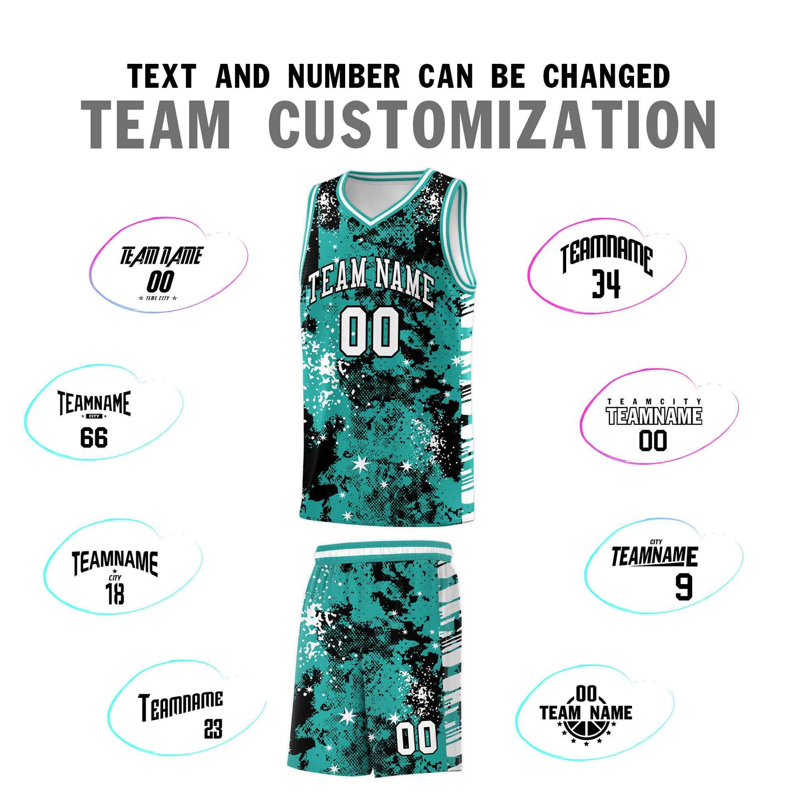 Custom Black Light Teal Vice Burst Galactic Graffiti Breathable Basketball Jersey