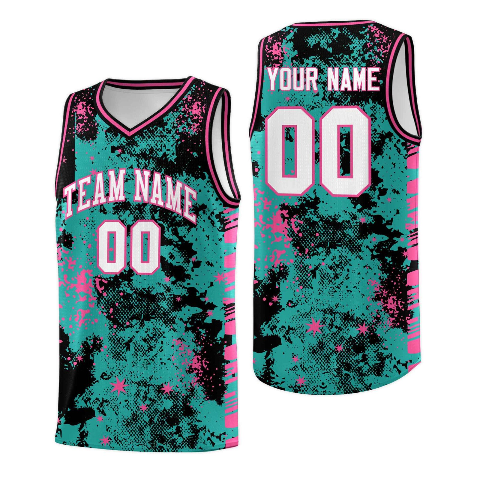 Custom Aqua Black Vice Burst Galactic Graffiti Drapable Basketball Jersey