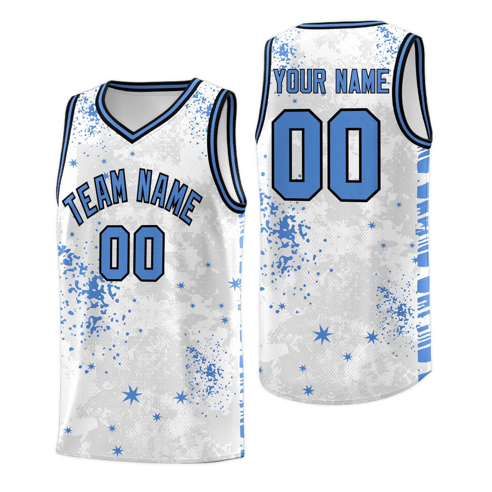 Custom White Powder Blue Vice Burst Galactic Graffiti Quick-Drying Basketball Jersey