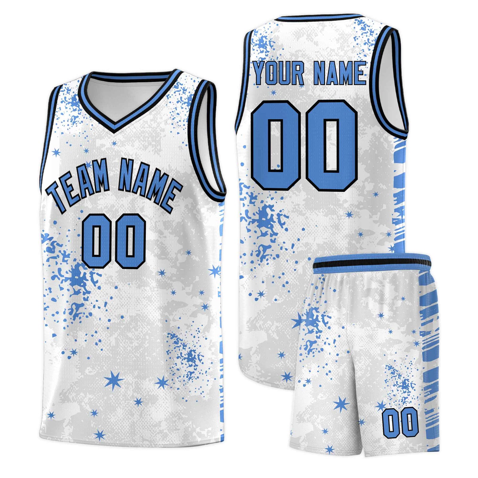 Custom White Powder Blue Vice Burst Galactic Graffiti Quick-Drying Basketball Jersey