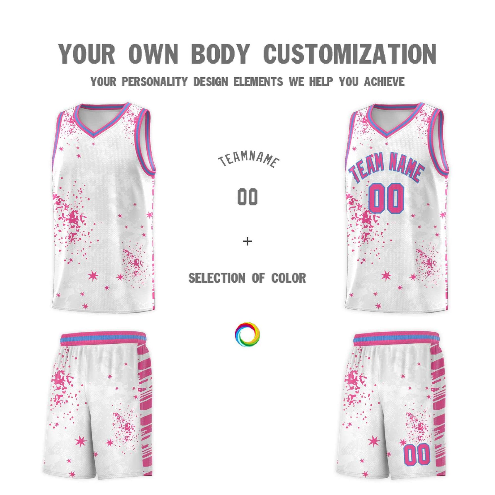 Custom Pink Powder Blue Vice Burst Galactic Graffiti Sublimation Printing Basketball Jersey