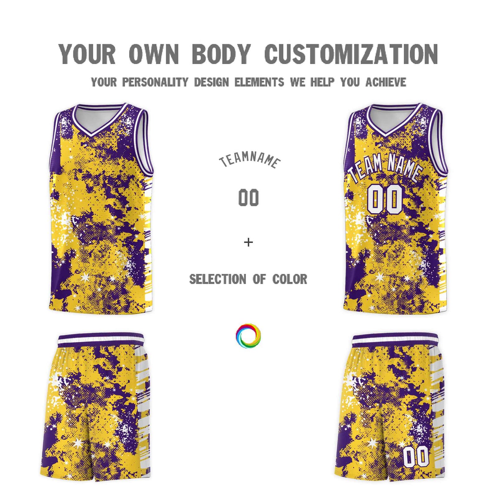 Custom Gold Purple Vice Burst Galactic Graffiti Drapable Basketball Jersey