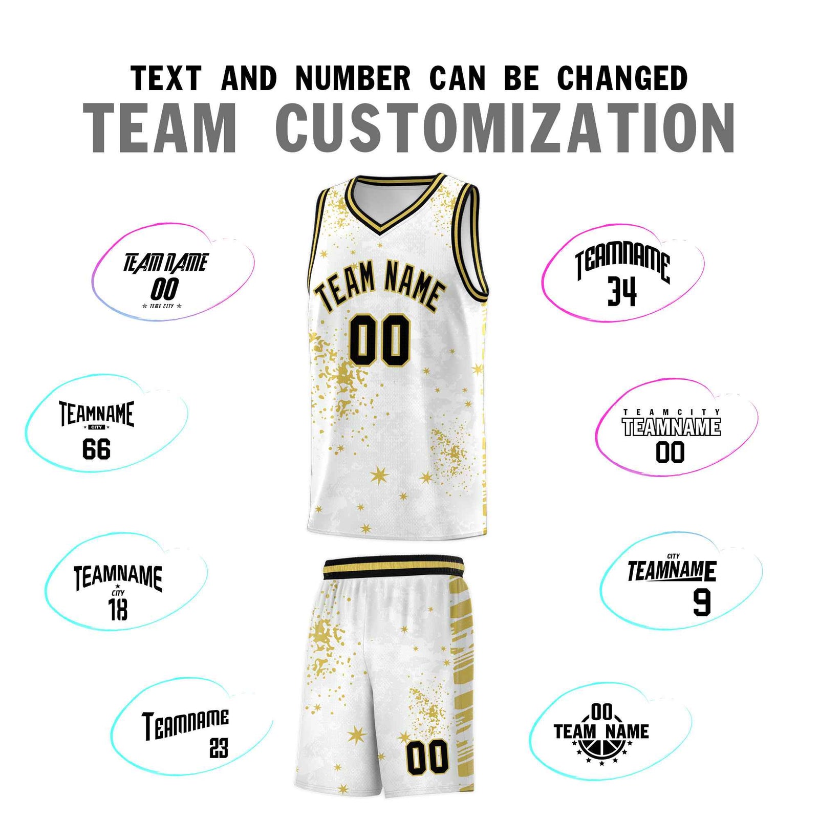 Custom White Old Gold Vice Burst Galactic Graffiti Quick-Drying Basketball Jersey