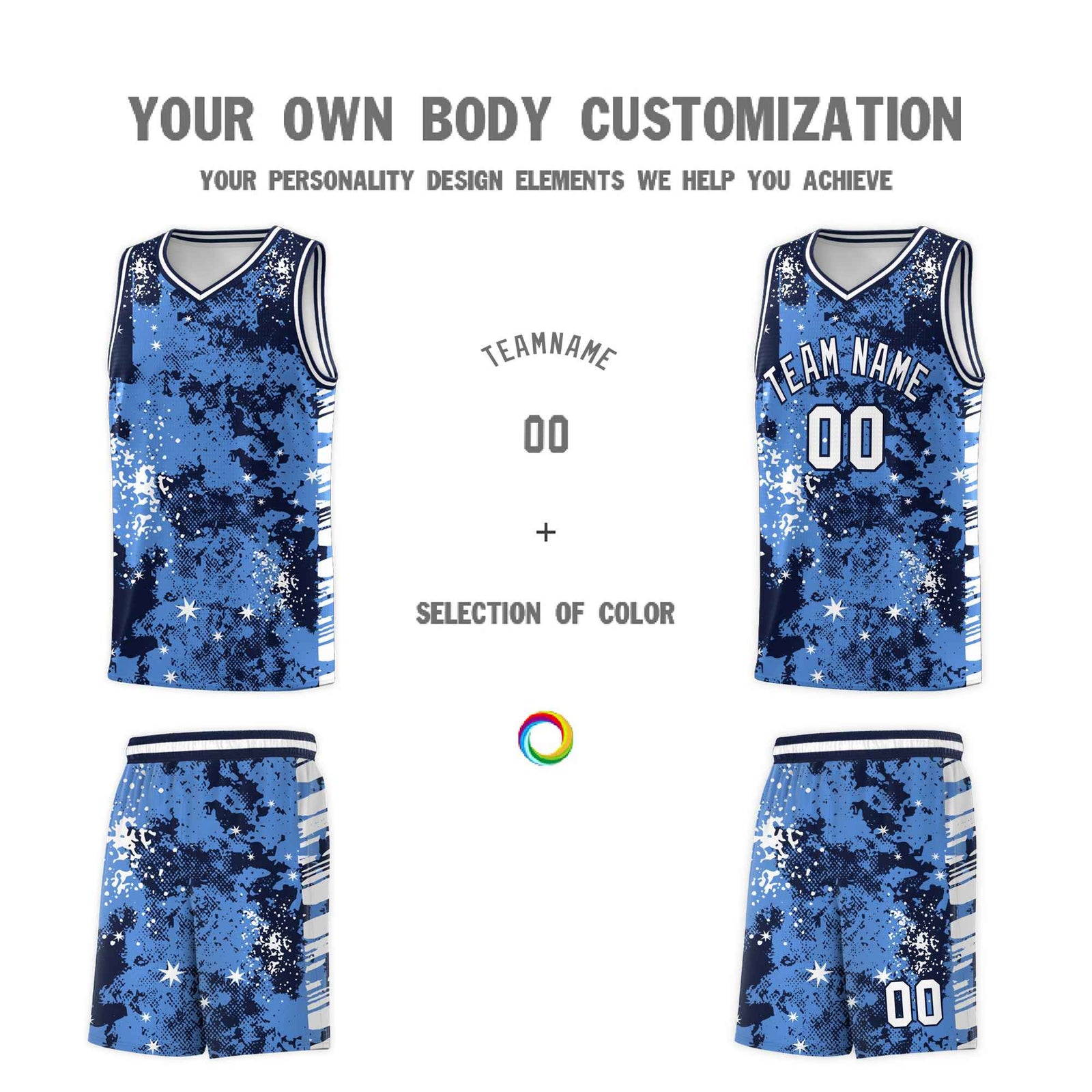 Custom Powder Blue Navy Vice Burst Galactic Graffiti Drapable Basketball Jersey