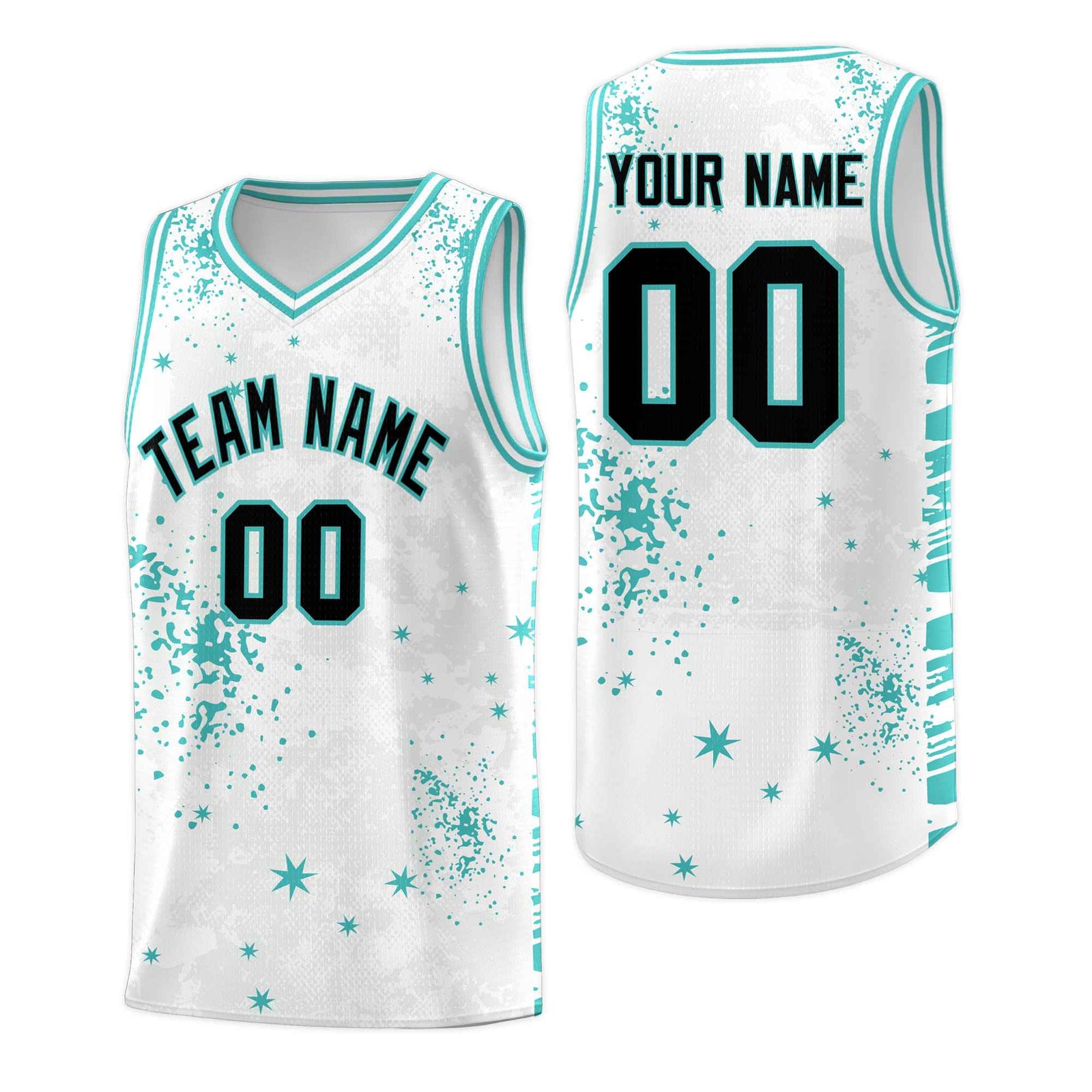 Custom White Light Teal Vice Burst Galactic Graffiti Sublimation Printing Basketball Jersey