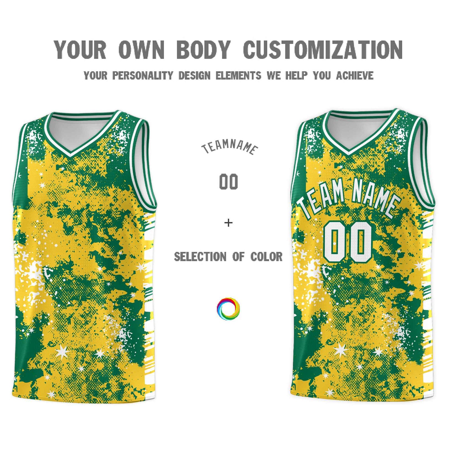 Custom Gold Kelly Green Vice Burst Galactic Graffiti Wrinkle-Resistant Basketball Jersey
