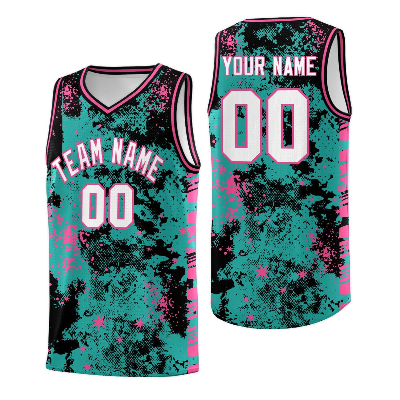Custom Aqua Black Vice Burst Galactic Graffiti Drapable Basketball Jersey