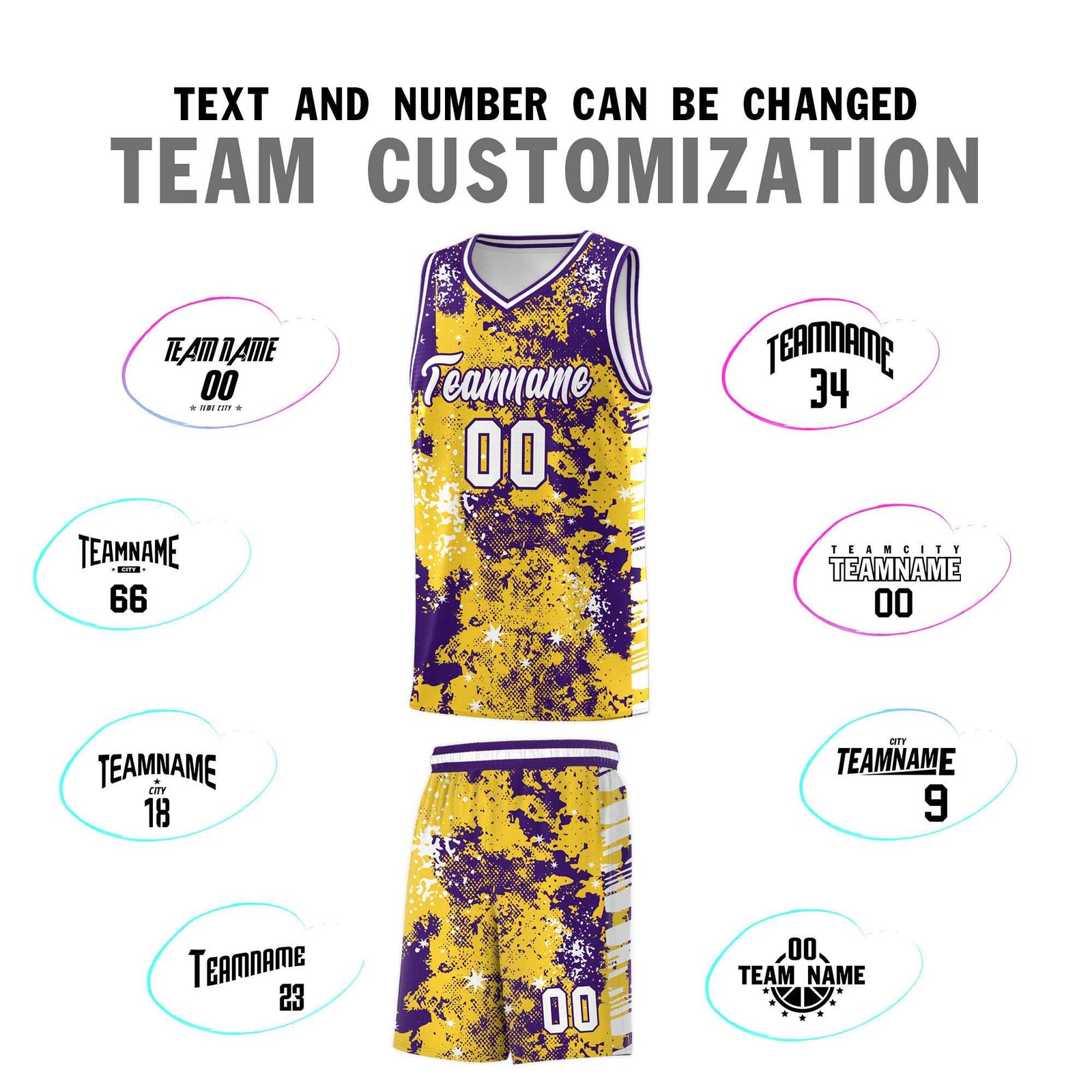 Custom Gold Purple Vice Burst Galactic Graffiti Drapable Basketball Jersey