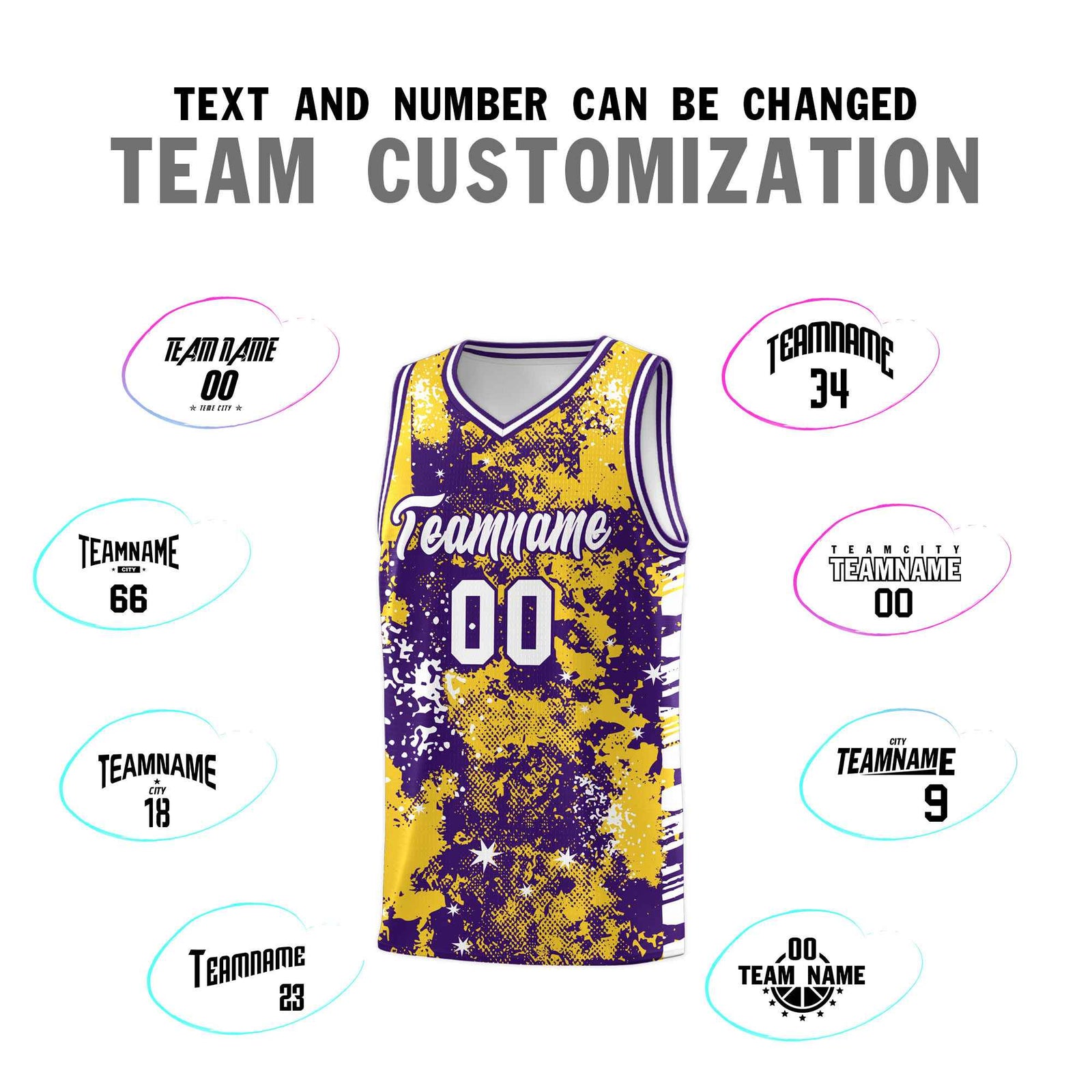 Custom Gold Purple Vice Burst Galactic Graffiti Sublimation Printing Basketball Jersey