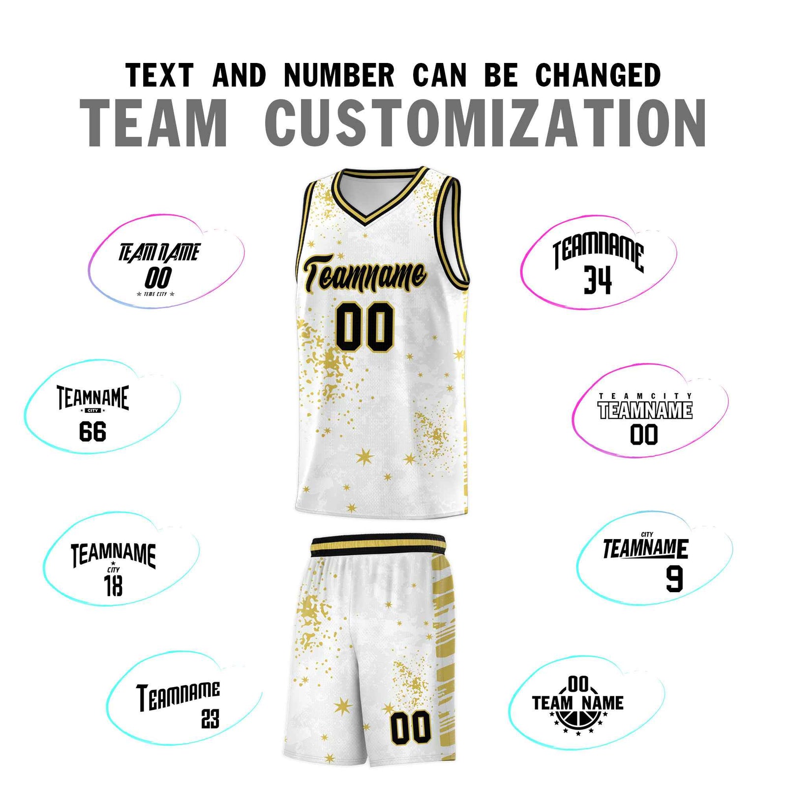 Custom White Old Gold Vice Burst Galactic Graffiti Quick-Drying Basketball Jersey