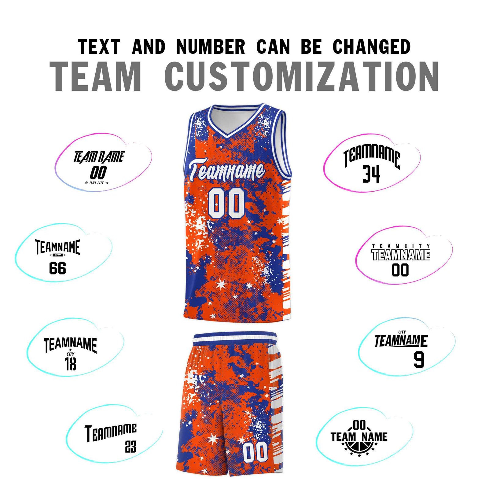 Custom Orange Royal Blue Vice Burst Galactic Graffiti Moisture-Wicking Basketball Jersey