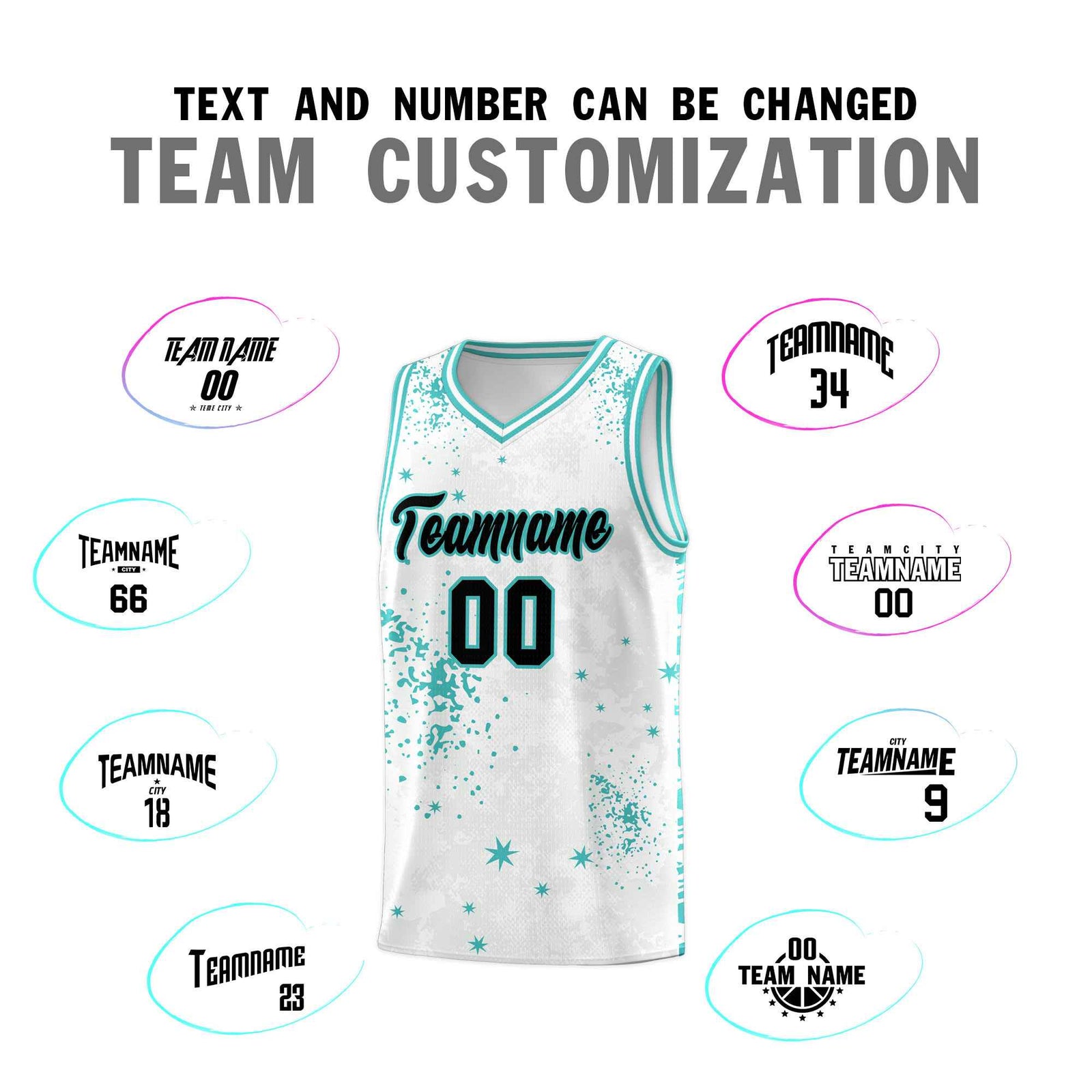 Custom White Light Teal Vice Burst Galactic Graffiti Sublimation Printing Basketball Jersey
