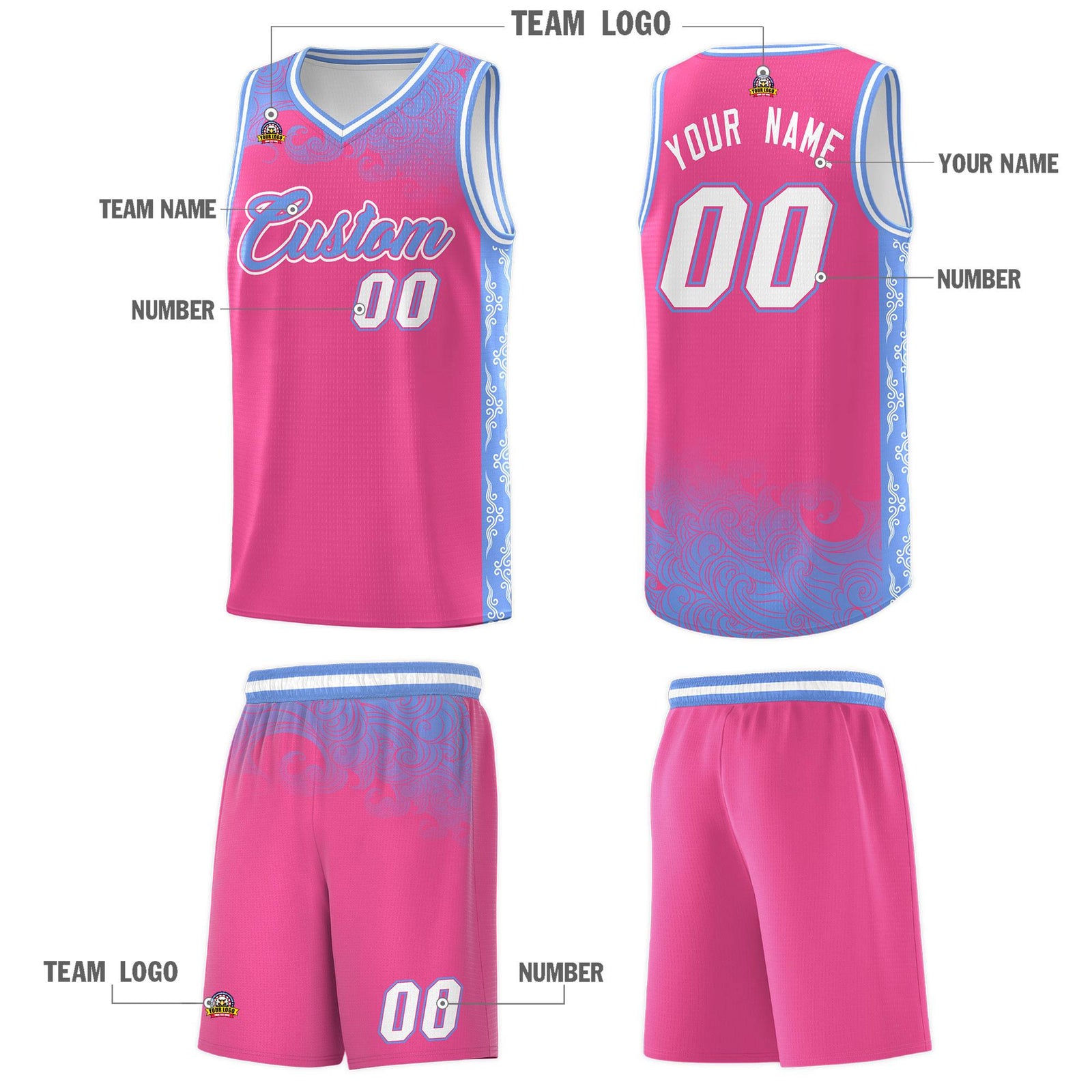 Custom Pink Personalized Cloud Pattern Sports Sets Uniform Basketball Jersey