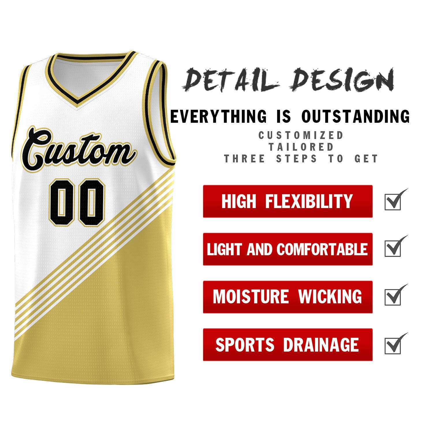 Custom White Old Gold Black Diagonal Stripes Color Block Sets Basketball Jersey | For Men,For Youth,Sublimation Printed,Perfect for Training,Perfect for Teams | KXKSHOP