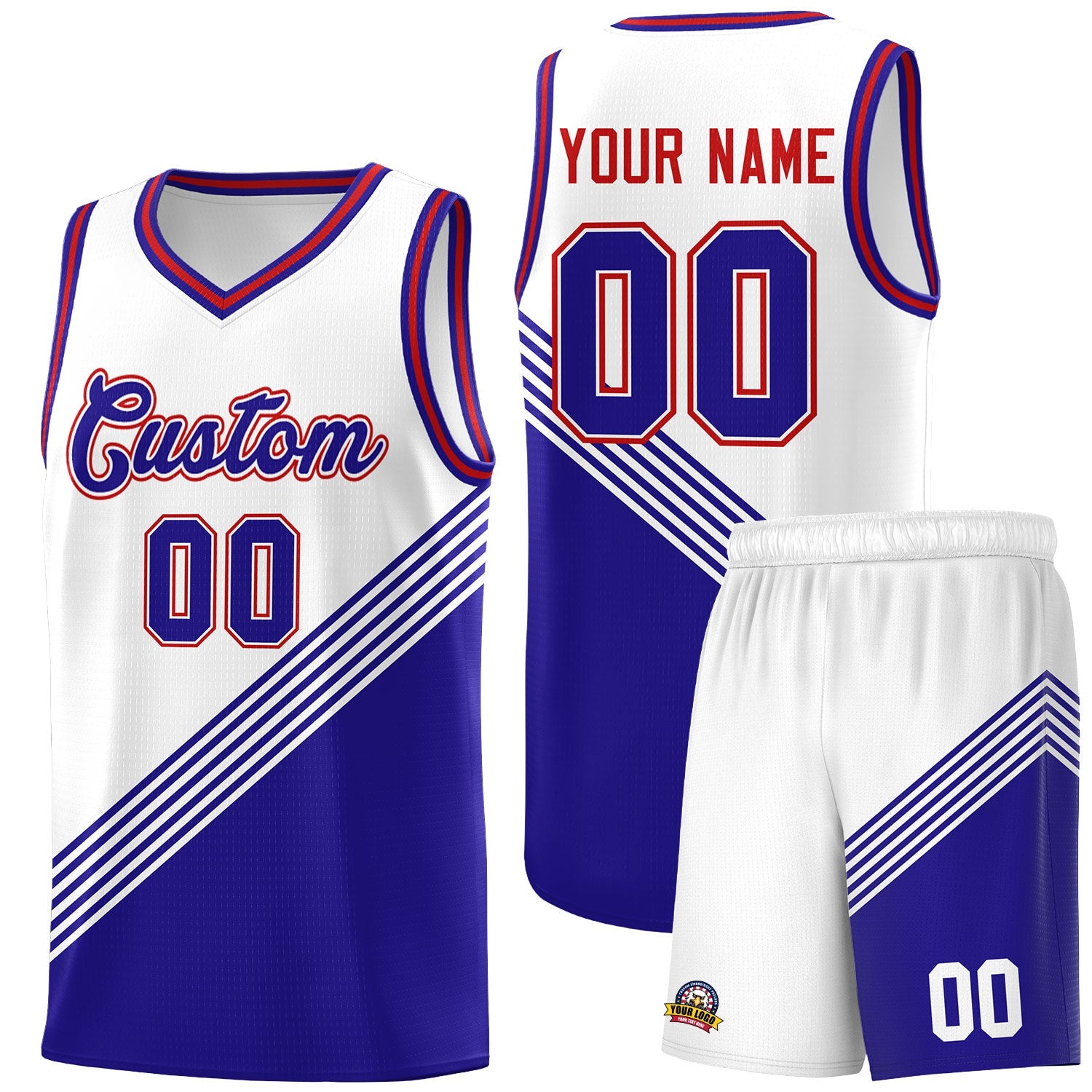 Custom White Royal Blue Red Diagonal Stripes Color Block Sets Basketball Jersey | For Men,For Youth,Sublimation Printed,Perfect for Training,Perfect for Teams | KXKSHOP