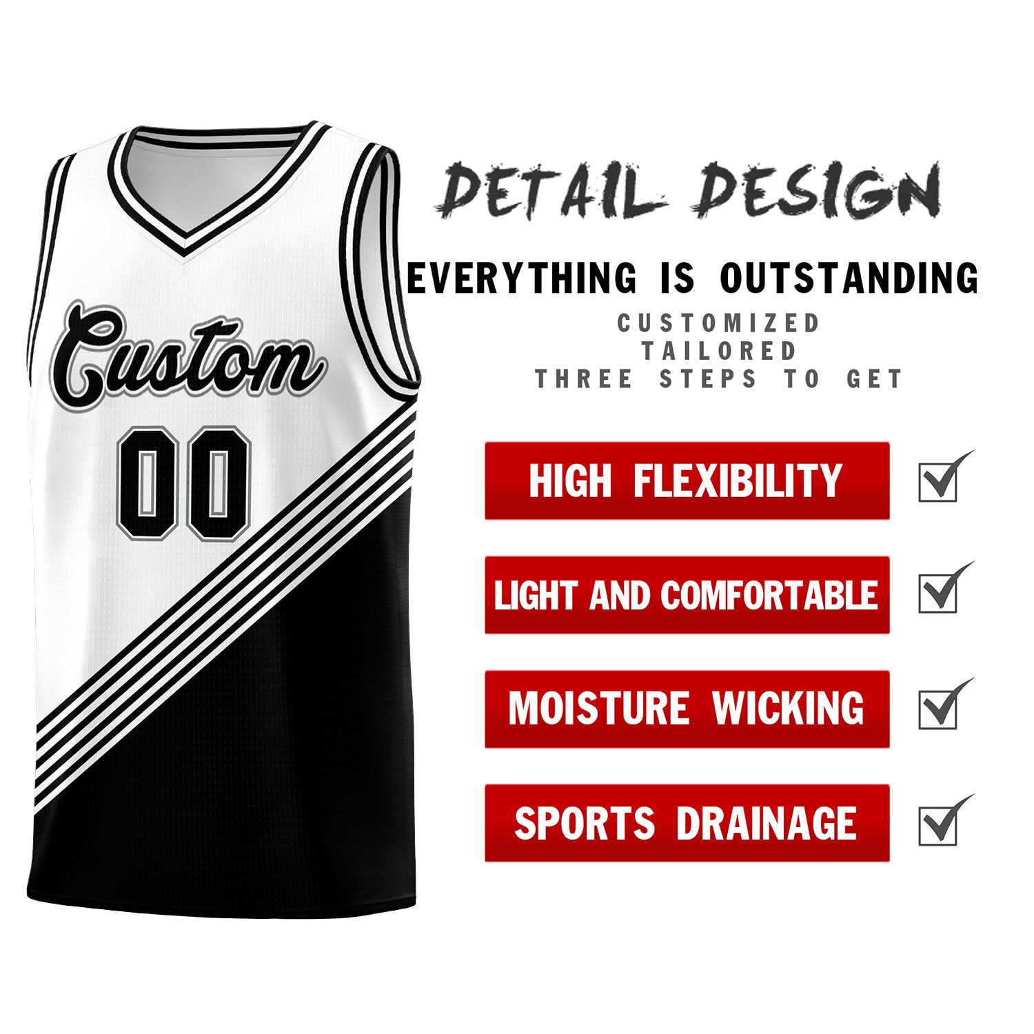 Custom White Black Diagonal Stripes Color Block Sets Basketball Jersey | For Men,For Youth,Sublimation Printed,Perfect for Training,Perfect for Teams | KXKSHOP