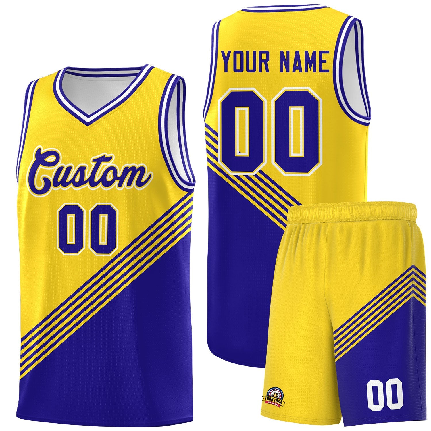 Custom Gold Royal Blue White Diagonal Stripes Color Block Sets Basketball Jersey | For Men,For Youth,Sublimation Printed,Perfect for Training,Perfect for Teams | KXKSHOP
