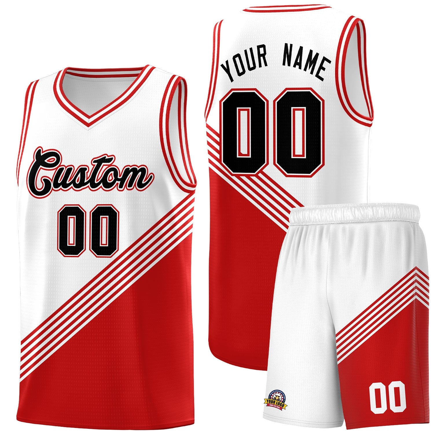 Custom White Red Diagonal Stripes Color Block Sets Basketball Jersey | For Men,For Youth,Sublimation Printed,Perfect for Training,Perfect for Teams | KXKSHOP