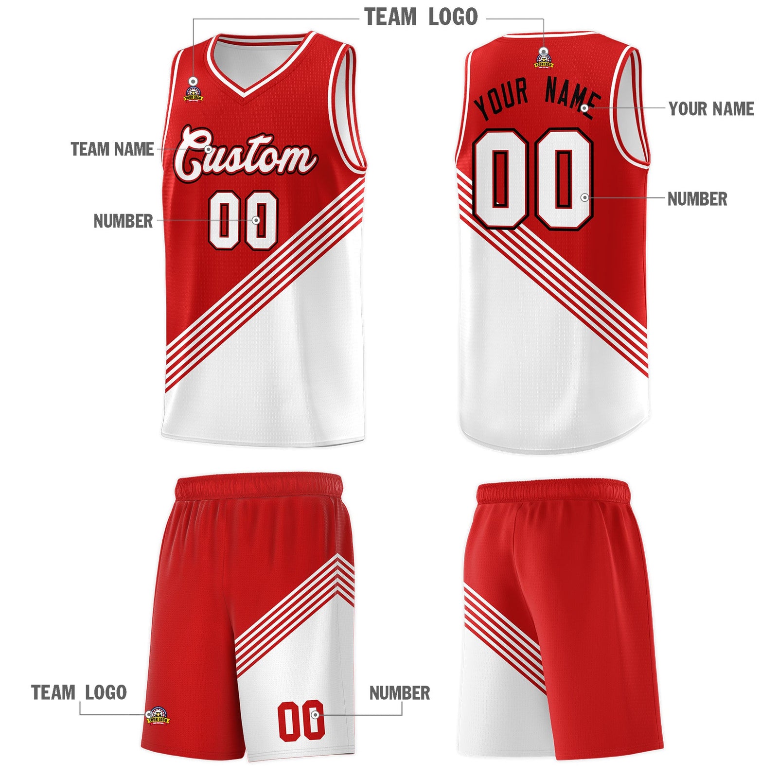Custom Red White Diagonal Stripes Color Block Sets Basketball Jersey | For Men,For Youth,Sublimation Printed,Perfect for Training,Perfect for Teams | KXKSHOP