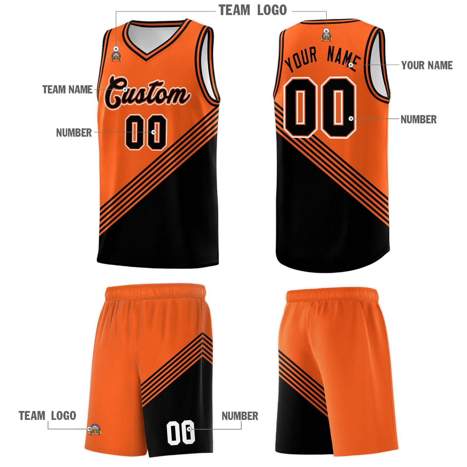 Custom Orange Black Diagonal Stripes Color Block Sets Basketball Jersey | For Men,For Youth,Sublimation Printed,Perfect for Training,Perfect for Teams | KXKSHOP